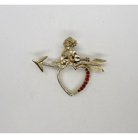 Valentine Brooch Cupid Heart Arrow Gold Tone Pin Red Rhinestones Love - Picture 4 of 12